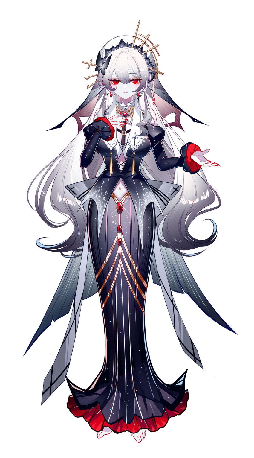 absurdres black_dress breasts dress female full_body highres juliet_sleeves long_dress long_hair long_sleeves looking_at_viewer medium_breasts navel original puffy_sleeves red_eyes sheya simple_background smile solo standing veil very_long_hair white_background white_hair