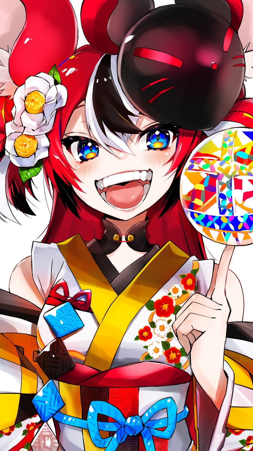 animal_ears bare_shoulders black_hair blue_eyes commentary female flower hair_between_eyes hair_flower hair_ornament hakos_baelz hakos_baelz_(new_year) highres hololive hololive_english looking_at_viewer mask mouse_ears mouse_girl multicolored_hair nez_n open_mouth red_hair solo teeth tongue upper_body virtual_youtuber white_hair