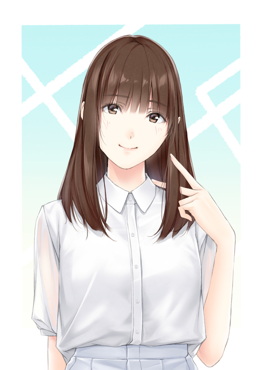 brown_eyes brown_hair female hand_up highres long_hair looking_at_viewer md5_mismatch nayuta69 original see-through see-through_sleeves shirt shirt_tucked_in skirt smile solo upper_body white_shirt white_skirt