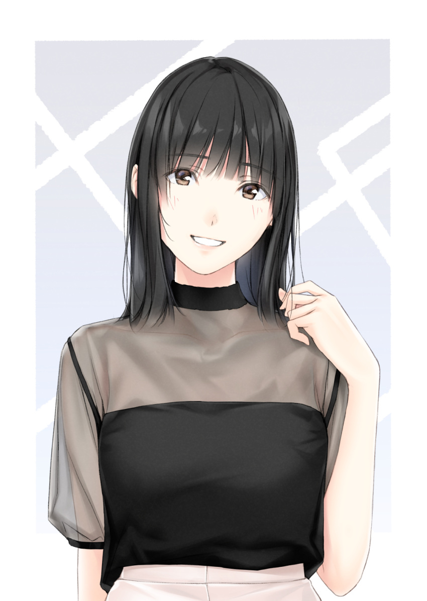 black_hair brown_eyes female grin hand_up highres long_hair looking_at_viewer md5_mismatch nayuta69 original see-through see-through_sleeves shirt shirt_tucked_in skirt smile solo upper_body white_shirt white_skirt