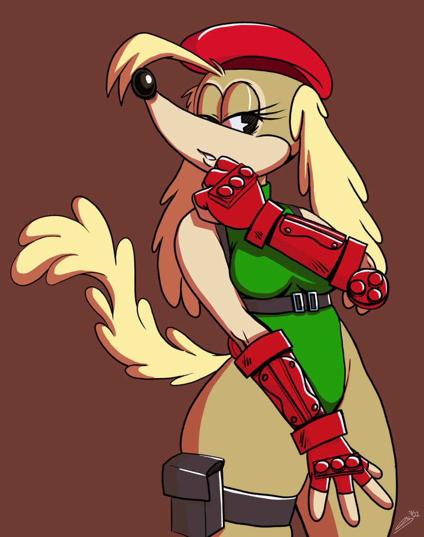 2022 anthro blonde_hair bluechika breasts cammy_white canid canine canis capcom clothed clothing cuphead_(game) domestic_dog female fur gloves hair half-closed_eyes handwear hat headgear headwear hi_res hunting_dog leotard mammal narrowed_eyes saluki sgt._o'fera_(cuphead) sighthound solo street_fighter yellow_body yellow_fur