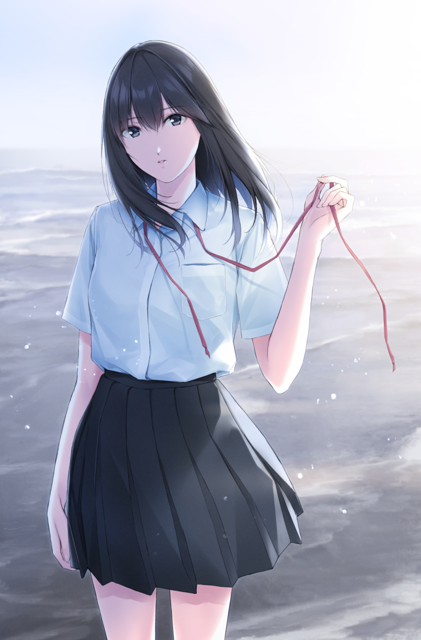 black_eyes black_hair black_skirt female hand_up highres long_hair looking_at_viewer nayuta69 original parted_lips school_uniform shirt shirt_tucked_in skirt solo white_shirt