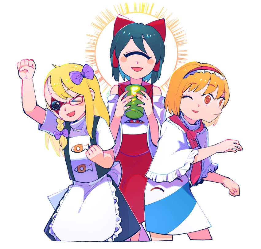 3girls @_@ alice_margatroid apron black_hair blonde_hair bow braid capelet clenched_hand closed_eyes closed_mouth commentary_request cookie_(touhou) cup cyclops detached_sleeves extra_faces eye_print feet_out_of_frame fist_pump frilled_apron frilled_capelet frilled_hairband frilled_necktie frills hair_tubes hairband hairbow hakurei_reimu highres hinase_(cookie) hita_(hizokuseikogeki) kirisame_marisa long_hair looking_at_viewer looking_to_the_side multiple_girls necktie oerba_yun_fang one-eyed open_mouth orange_eyes orange_hair purple_bow red_bow red_hairband red_necktie red_shirt red_skirt reu_(cookie) shirt short_hair side_braid single_braid skirt sleeveless sleeveless_shirt smile stitches sun_symbol touhou transparent_background uzuki_(cookie) waist_apron white_apron white_capelet white_sleeves yunomi