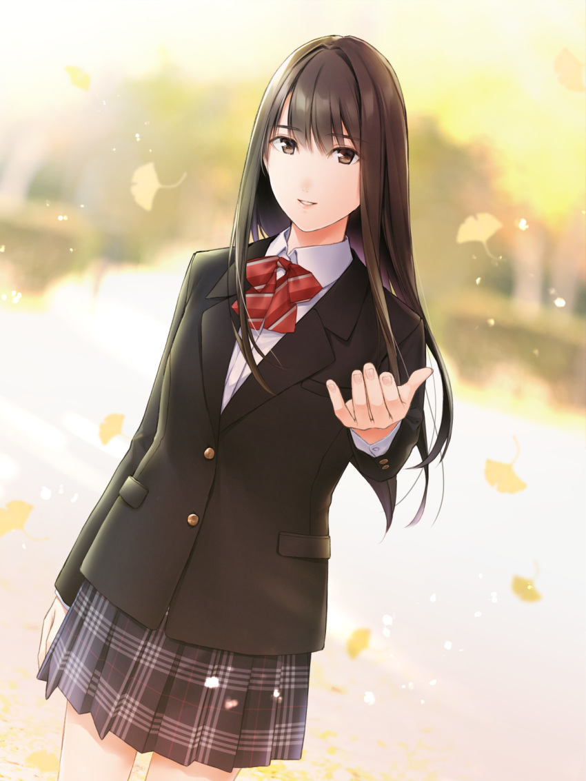 autumn autumn_leaves black_jacket blazer bow bowtie brown_eyes brown_hair commentary english_commentary female grey_skirt highres jacket long_hair long_sleeves looking_at_viewer nayuta69 original parted_lips red_bow red_bowtie skirt smile solo