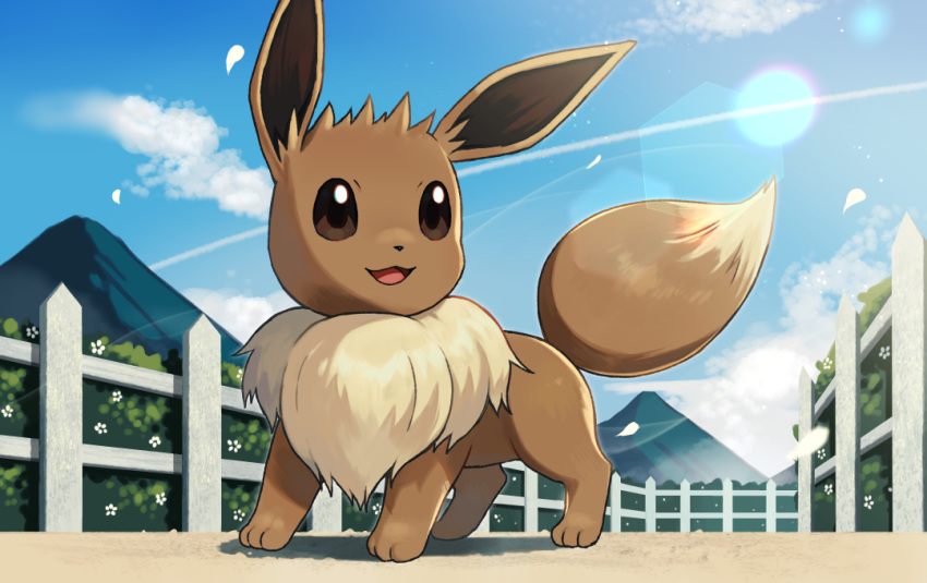 :d blue_sky brown_eyes bush cloud commentary_request day eevee fence flower full_body lens_flare looking_away looking_to_the_side no_humans open_mouth outdoors partial_commentary petals pokemon pokemon_(creature) road shibainu sky smile solo standing white_flower wooden_fence