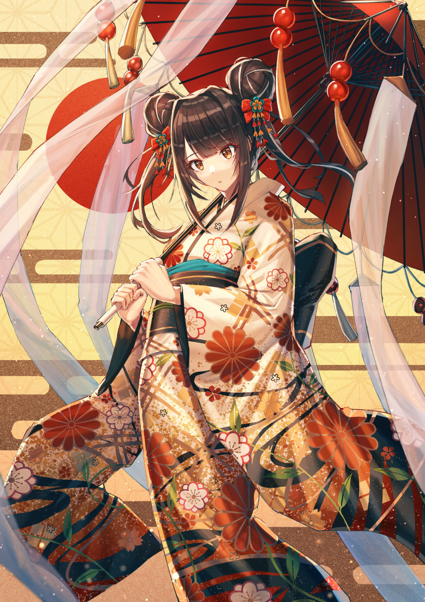 absurdres asa_no_ha_(pattern) bow brown_hair commentary_request double_bun egasumi feet_out_of_frame female floral_print furisode hair_bun hair_ornament hairbow highres holding holding_umbrella japanese_clothes kanzashi kimono long_hair long_sleeves looking_at_viewer mazel_(mazel_star) multicolored_hair new_year obi oil-paper_umbrella original parted_lips red_bow red_sun sash see-through solo standing streaked_hair streamers tassel twintails umbrella white_hair