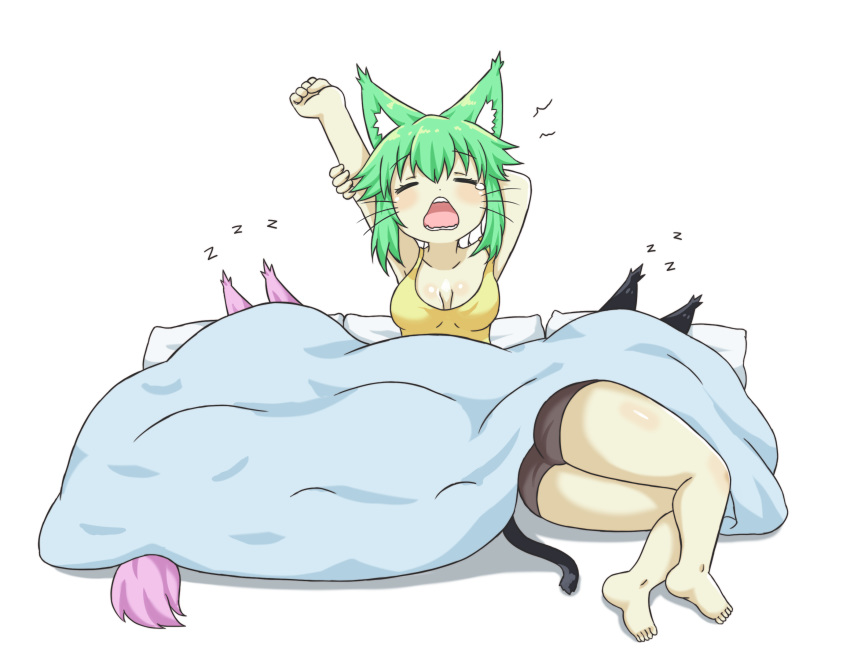 3girls animal_ears arms_up artist_self-insert ass bad_id bad_pixiv_id barefoot black_shorts blackteaneko-chan blush breasts cat_ears cat_girl cat_tail chinese_commentary closed_eyes collarbone commentary english_commentary green_hair greenteaneko greenteaneko-chan hair_between_eyes highres medium_breasts mixed-language_commentary multiple_girls multiple_persona open_mouth original photoshop_(medium) pillow pinkteaneko-chan shadow short_shorts shorts soles stretching tail tank_top tears under_covers white_background yellow_tank_top zzz