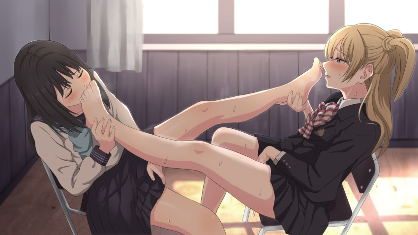 2girls akebi-chan_no_serafuku akebi_komichi barefoot black_hair black_skirt blazer blonde_hair blush chair classroom closed_eyes feet foot_focus foot_worship highres implied_masturbation indoors jacket kizaki_erika licking licking_foot monta multiple_girls pleated_skirt ponytail roubai_academy_school_uniform_(new) roubai_academy_school_uniform_(old) sailor_collar school_chair school_uniform sitting skirt smelling_feet sweat toes two_side_up yuri