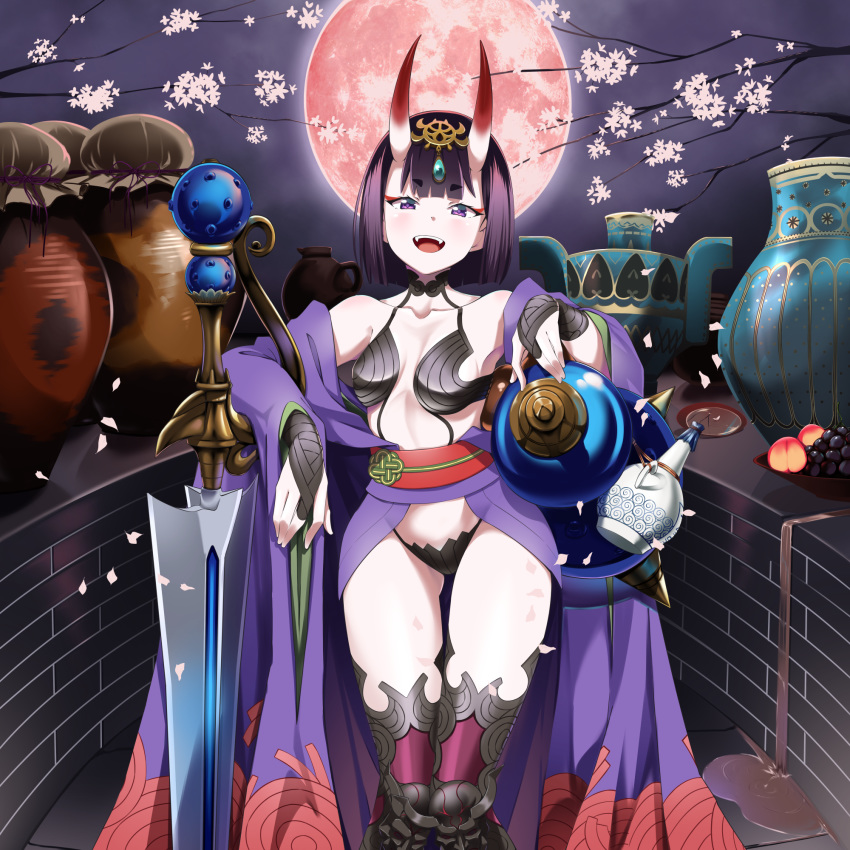 bob_cut breasts collarbone commentary_request eyeliner fate/grand_order fate_(series) female full_moon gourd headpiece highres horns japanese_clothes kimono makeup moon nano_(nanojyaa) night night_sky obi off_shoulder oni open_clothes open_kimono open_mouth purple_eyes purple_hair purple_kimono revealing_clothes sash short_eyebrows short_hair shuten_douji_(fate) skin-covered_horns sky small_breasts solo standing sword weapon