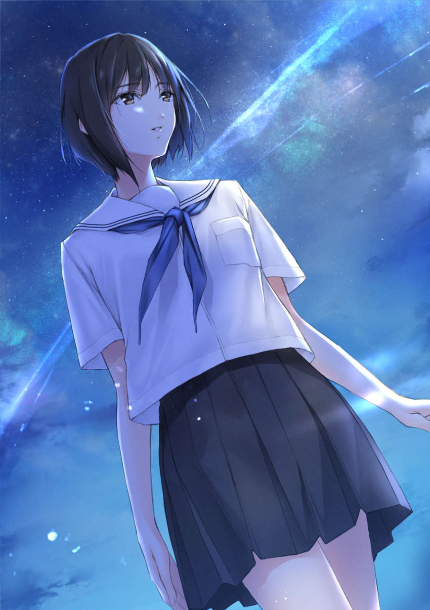 black_hair black_skirt blue_neckerchief bob_cut brown_eyes female from_below highres looking_up nayuta69 neckerchief night night_sky original parted_lips pleated_skirt sailor_collar school_uniform serafuku shirt short_hair skirt sky smile solo star_(sky) starry_sky white_sailor_collar white_shirt