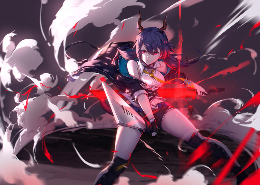 absurdres arknights black_shorts blue_hair breasts ch'en_(arknights) commentary dragon_girl dragon_horns female fingerless_gloves gloves hair_between_eyes highres holding holding_sword holding_weapon horns jacket long_hair looking_at_viewer medium_breasts necktie red_eyes shirt shorts sidelocks solo sword tail twintails weapon white_shirt yumuto_(spring1786)