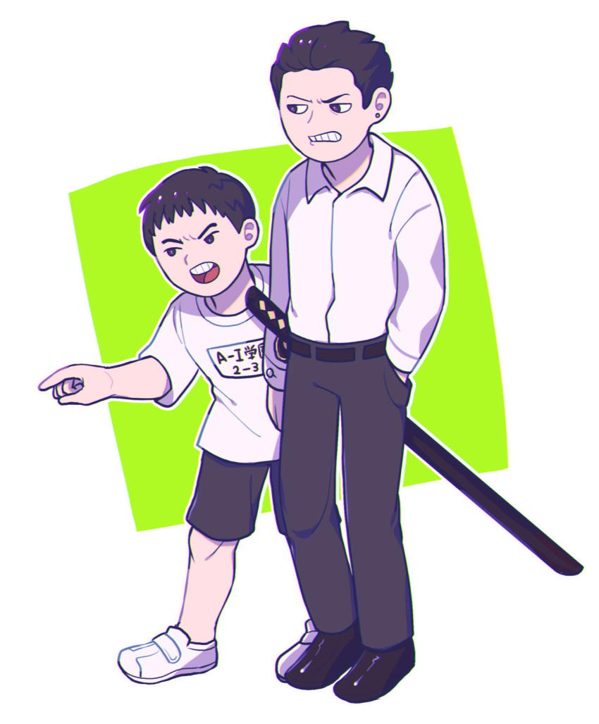 2boys black_eyes black_footwear black_hair black_pants black_shorts clenched_teeth collared_shirt commentary ear_piercing full_body green_background gyakutai_ojisan hand_in_pocket hide_(acceed) highres hita_(hizokuseikogeki) katana looking_afar male_focus manatsu_no_yo_no_inmu multiple_boys open_mouth pants piercing pointing shirt shirt_tucked_in shoes short_hair shorts sword teeth transparent_background two-tone_background weapon white_footwear white_shirt