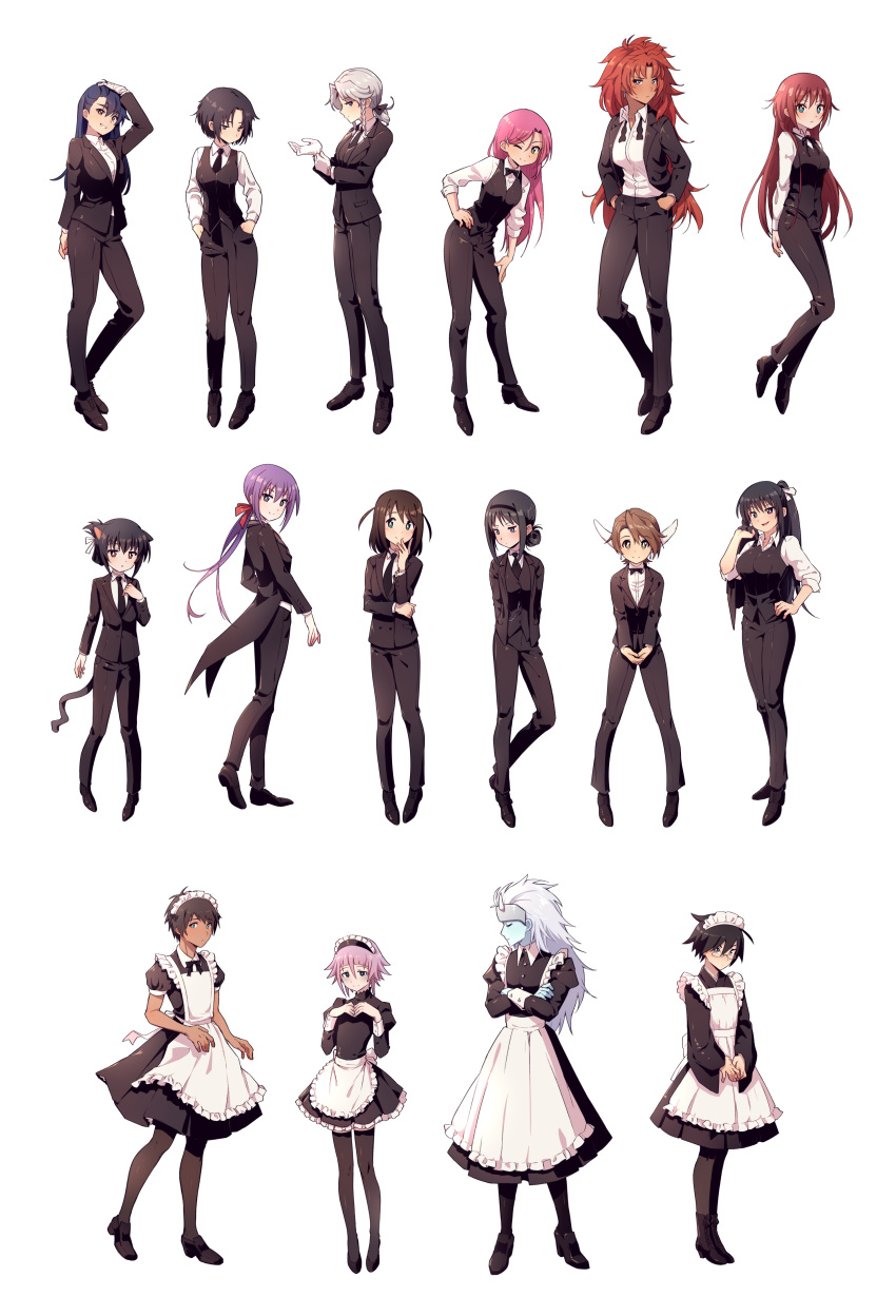 4boys 6+girls absurdres aijima_cecil airi_(queen's_blade) akemi_homura alternate_costume animal_ears apron aqua_eyes binkan-chan black_eyes black_footwear black_hair black_jacket black_necktie black_pants blue_hair blue_skin braid brown_eyes brown_hair butler cat_ears cat_girl cat_tail character_request closed_eyes colored_skin commentary crona_(soul_eater) crossdressing crossed_arms crossover dark_skin dog_days earrings english_commentary female_butler formal full_body gj-bu glasses gloves grey_hair hand_on_own_head hands_in_pockets hayate_no_gotoku! headband highres itoshiki_nozomu izayoi_sakuya jacket jewelry kanbaru_suruga katsura_hinagiku long_hair looking_at_viewer mahou_shoujo_madoka_magica mahou_shoujo_madoka_magica_(anime) maid maid_apron maid_headdress medium_hair monogatari_(series) multiple_boys multiple_crossover multiple_girls naruto_(series) nazo_no_kanojo_x necktie nifffi noihara_himari noir_vinocacao omamori_himari open_clothes open_jacket pants pink_hair purple_eyes purple_hair queen's_blade red_hair risty_(queen's_blade) round_eyewear sakuya_(utawarerumono) sayonara_zetsubou_sensei shimoneta_to_iu_gainen_ga_sonzai_shinai_taikutsu_na_sekai shirt shoes short_hair simple_background soul_eater suit sumeragi_shion tail touhou twin_braids uchiha_madara urabe_mikoto uta_no_prince-sama utawarerumono vest white_background white_gloves white_shirt yellow_eyes