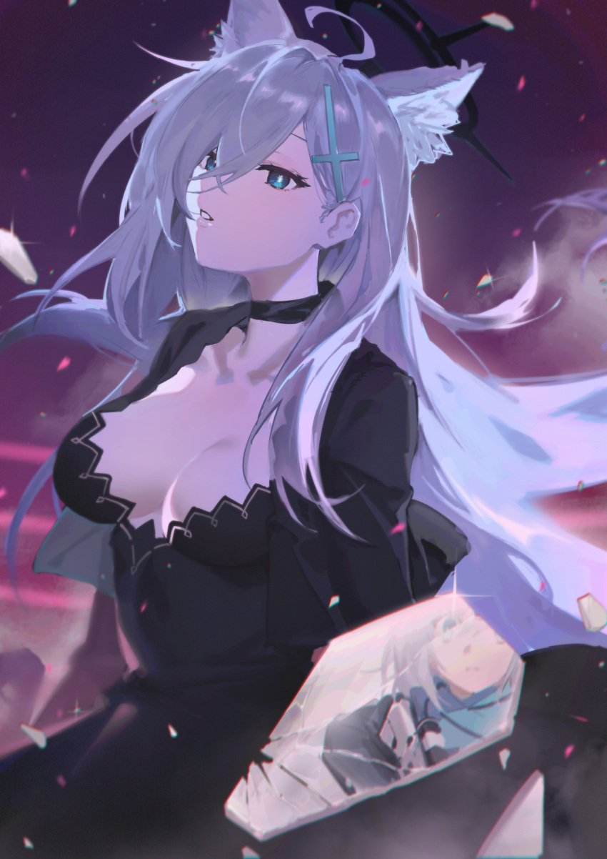 aged_up animal_ear_fluff animal_ears assault_rifle black_dress blue_archive blue_eyes breasts broken_halo cleavage collarbone cross_hair_ornament dress extra_ears female grey_hair gun hair_ornament halo highres long_hair long_sleeves looking_at_viewer medium_breasts parted_lips reflection rifle shiroko_(blue_archive) shiroko_terror_(blue_archive) sig_556 sig_sauer solo tsuiru weapon wolf_ears