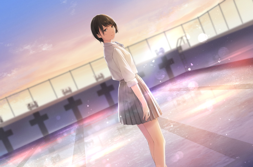 blue_ribbon brown_eyes brown_hair empty_pool female from_side grey_skirt highres looking_at_viewer nayuta69 neck_ribbon original outdoors pool ribbon school_uniform shirt short_hair skirt smile solo white_shirt