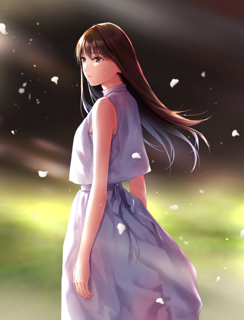 brown_eyes brown_hair female highres long_hair looking_to_the_side nayuta69 original petals shirt skirt sleeveless sleeveless_shirt solo white_shirt white_skirt