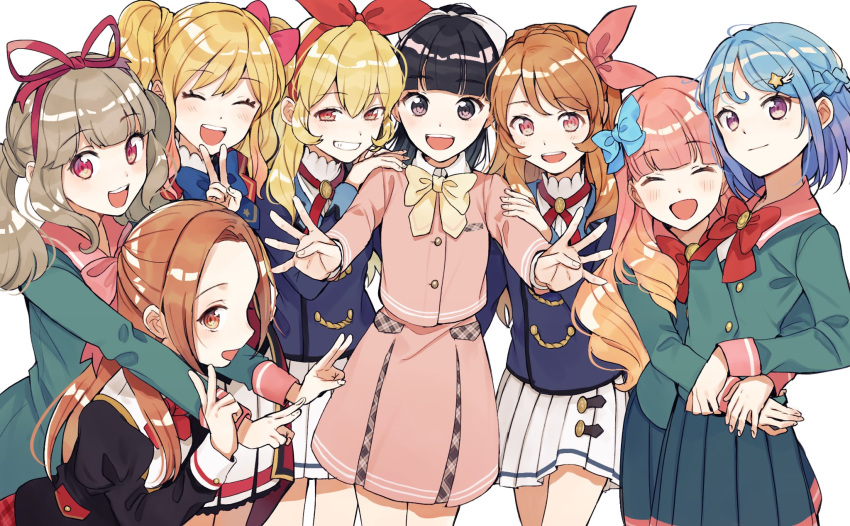 6+girls aikatsu! aikatsu!_(series) aikatsu_friends! aikatsu_on_parade! aikatsu_planet! black_hair blonde_hair blue_bow blue_hair blue_skirt bow brown_eyes brown_hair closed_eyes dream_academy_school_uniform green_hair hair_ornament highres hoshimiya_ichigo kiseki_raki kurodeko long_hair looking_at_viewer minato_mio multicolored_hair multiple_girls nijino_yume open_mouth otoha_mao otoshiro_noel ozora_akari pink_shirt pink_skirt purple_eyes school_uniform seirei_private_high_school_uniform shirt short_hair simple_background skirt star_(symbol) star_hair_ornament star_harmony_academy_school_uniform starlight_academy_school_uniform teeth twintails two-tone_hair upper_teeth_only white_background white_skirt yotsuboshi_academy_school_uniform yuki_aine