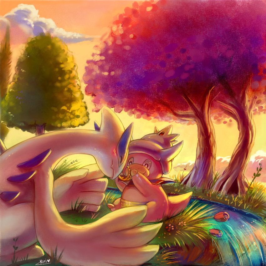 1:1 ambiguous_gender blush cloud detailed_background duo flower generation_2_pokemon grass hi_res koriarredondo legendary_pokemon lugia nintendo plant pokemon pokemon_(species) shellder_(slowking) signature slowking tree water