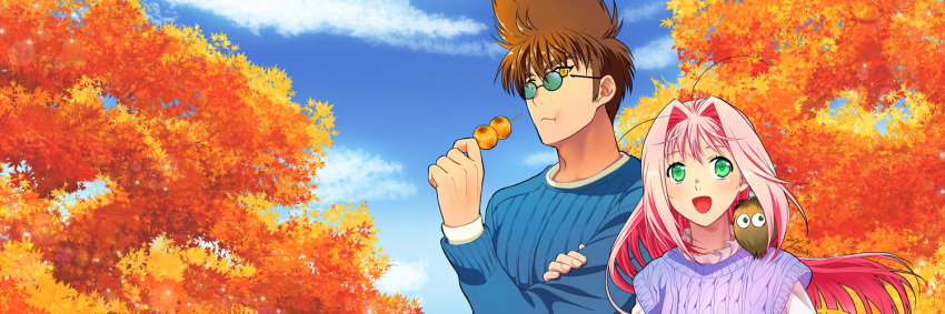 1boy :d :t animal_on_shoulder arm_grab autumn_leaves bad_id bad_pixiv_id blue-tinted_eyewear blue_sky blue_sweater brown_hair cloud commission dango day eating female floating_hair food green_eyes guvava hair_intakes holding holding_food kutsuno long_hair looking_over_eyewear macross macross_7 mylene_jenius nekki_basara outdoors pink_hair pixiv_commission purple_sweater ribbed_sweater round_eyewear sky sleeveless sleeveless_sweater smile straight_hair sunglasses sweater tinted_eyewear upper_body very_long_hair wagashi yellow_eyes