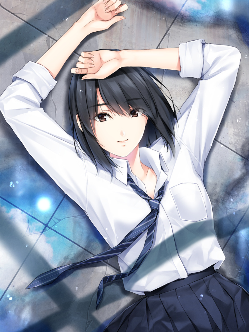 arms_up black_hair black_skirt blue_necktie brown_eyes female highres looking_at_viewer lying medium_hair nayuta69 necktie on_ground original school_uniform shirt shirt_tucked_in skirt solo white_shirt