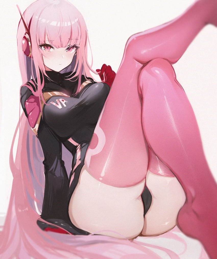 ass blunt_bangs blush breasts commentary cosplay female foot_out_of_frame gloves highres hololive hololive_english jewelry_bonney jewelry_bonney_(cosplay) knees_together_feet_apart koahri large_breasts legs legs_up long_hair looking_at_viewer mori_calliope mori_calliope_(vegapunk) no_shoes one_piece panties pink_hair pink_thighhighs red_eyes red_gloves sidelocks solo thighhighs thighs underwear virtual_youtuber