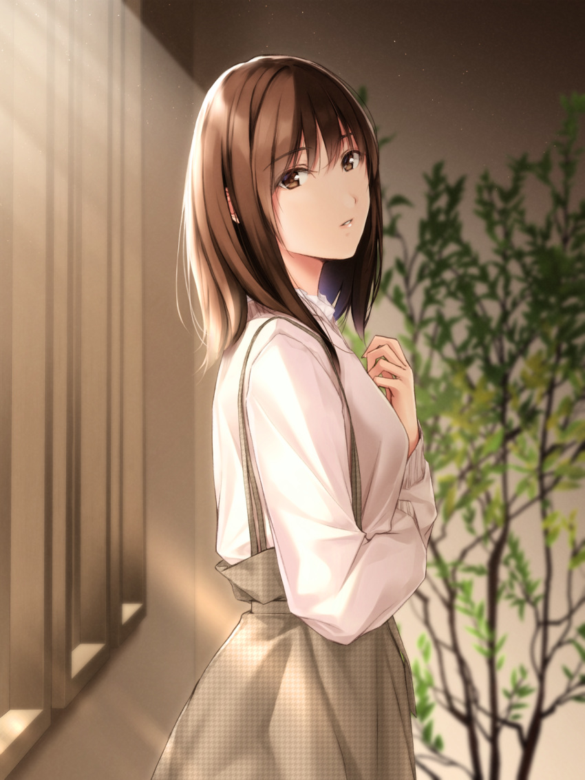 brown_eyes brown_hair brown_skirt female hands_on_own_chest highres long_sleeves looking_at_viewer medium_hair nayuta69 original overall_skirt parted_lips shirt skirt solo upper_body white_shirt