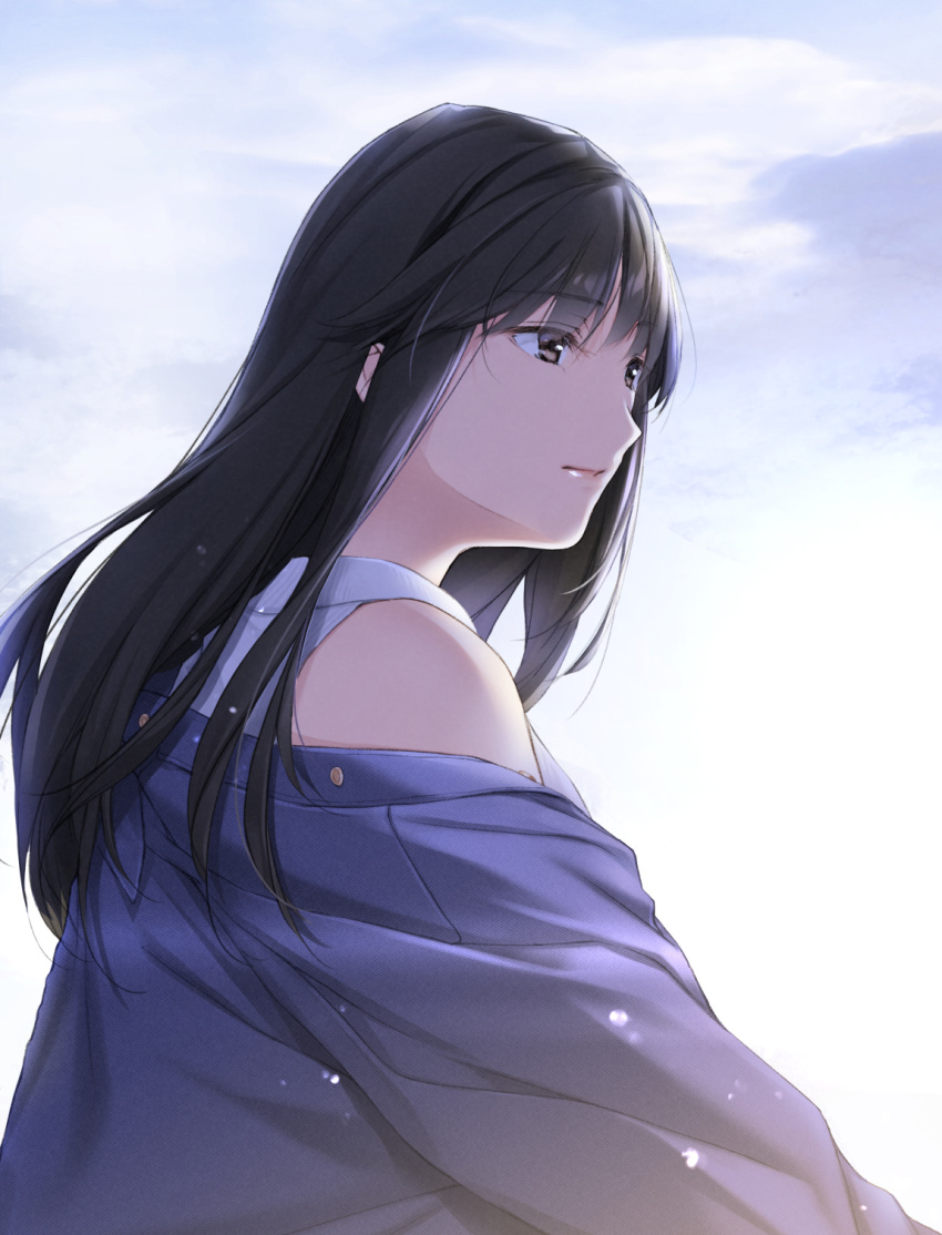 bare_shoulders black_hair blue_jacket brown_eyes female from_side highres jacket long_hair looking_at_viewer nayuta69 original solo upper_body