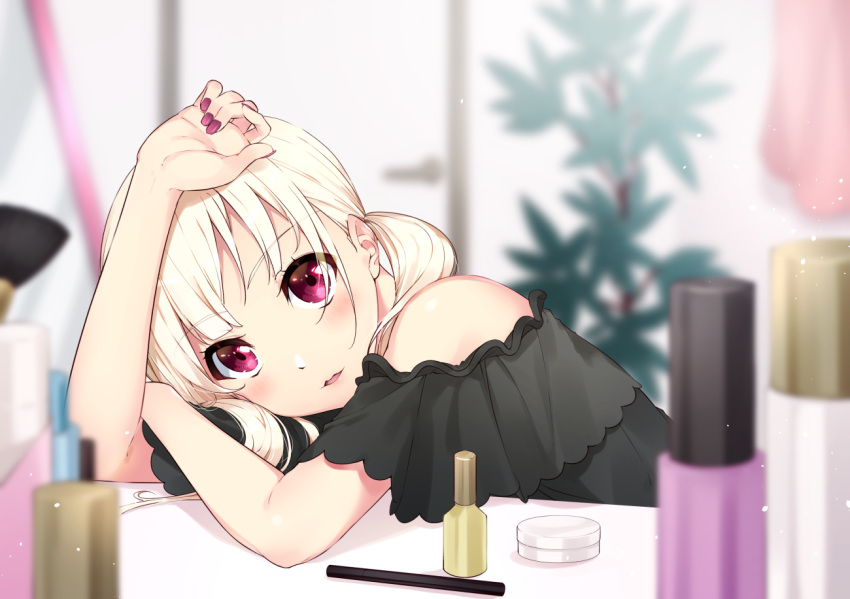 black_dress blonde_hair blurry blurry_background bon_(bonbon315) commentary_request door dress female indoors looking_at_viewer medium_hair nail_polish original purple_eyes purple_nails solo twintails upper_body