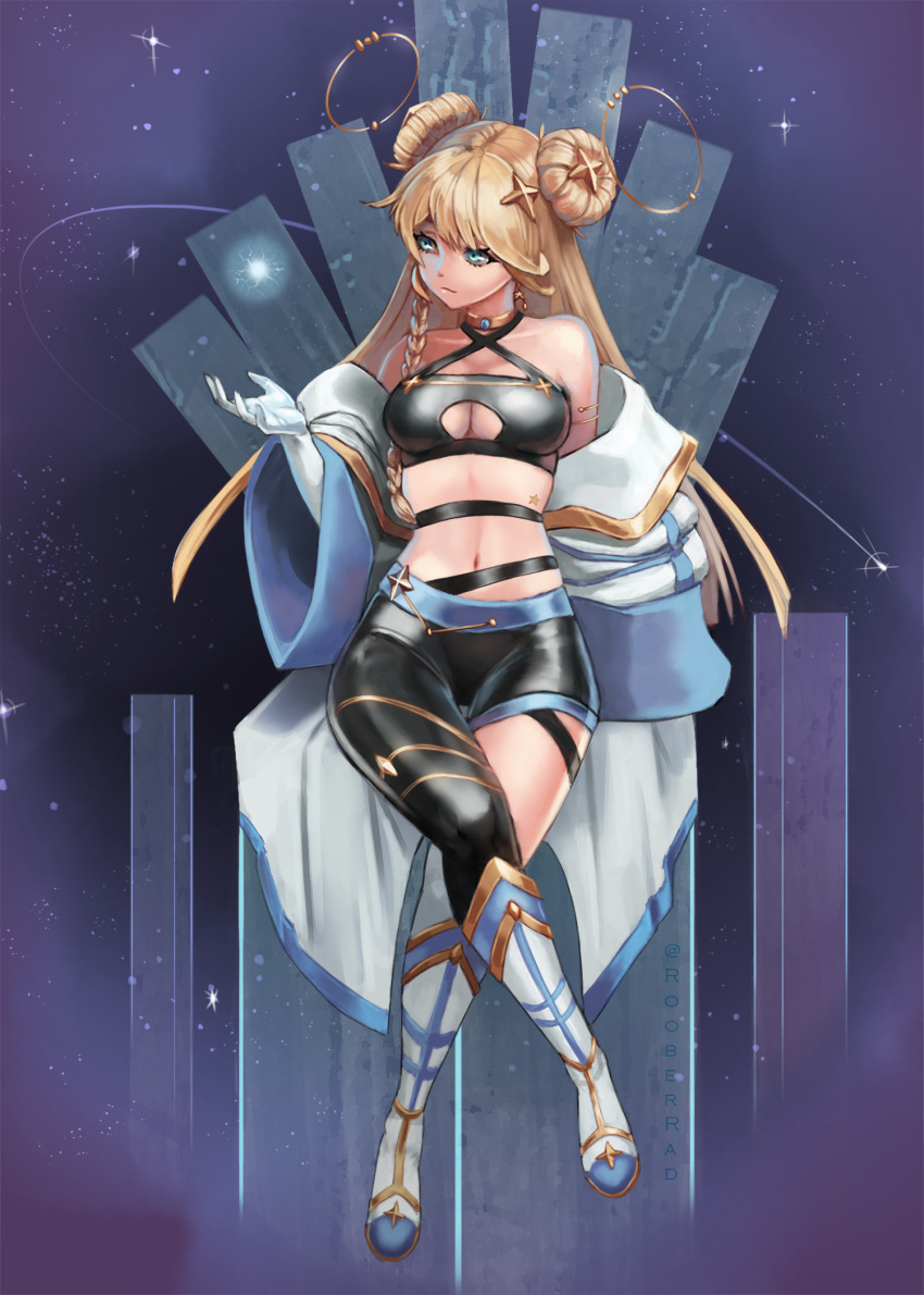 asymmetrical_legwear bad_id bad_pixiv_id black_pants blonde_hair blue_eyes boots braid breasts cleavage cleavage_cutout clothing_cutout crop_top crossed_legs cyberlive double_bun elbow_gloves eyebrows_hidden_by_hair female full_body gloves hair_bun highres jacket kaneko_lumi kaneko_lumi_(1st_costume) knee_boots long_hair looking_to_the_side medium_breasts navel off_shoulder pants roober side_braid sitting solo space underboob uneven_legwear virtual_youtuber white_footwear white_jacket