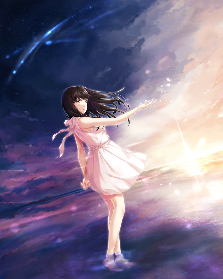 black_hair brown_eyes dress female highres long_hair nayuta69 original outstretched_arm parted_lips sleeveless sleeveless_dress solo sundress sunlight tears white_dress