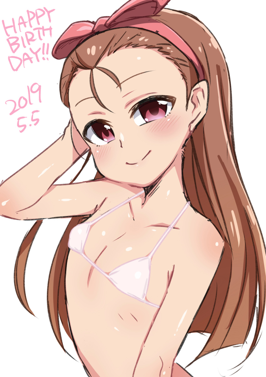 bikini blush bow bow_hairband brown_hair closed_mouth dated female flat_chest hairband hairbow hand_up happy_birthday highres idolmaster idolmaster_(classic) konboi-eg long_hair looking_at_viewer minase_iori pink_bikini pink_bow pink_eyes pink_hairband smile solo swimsuit upper_body white_background