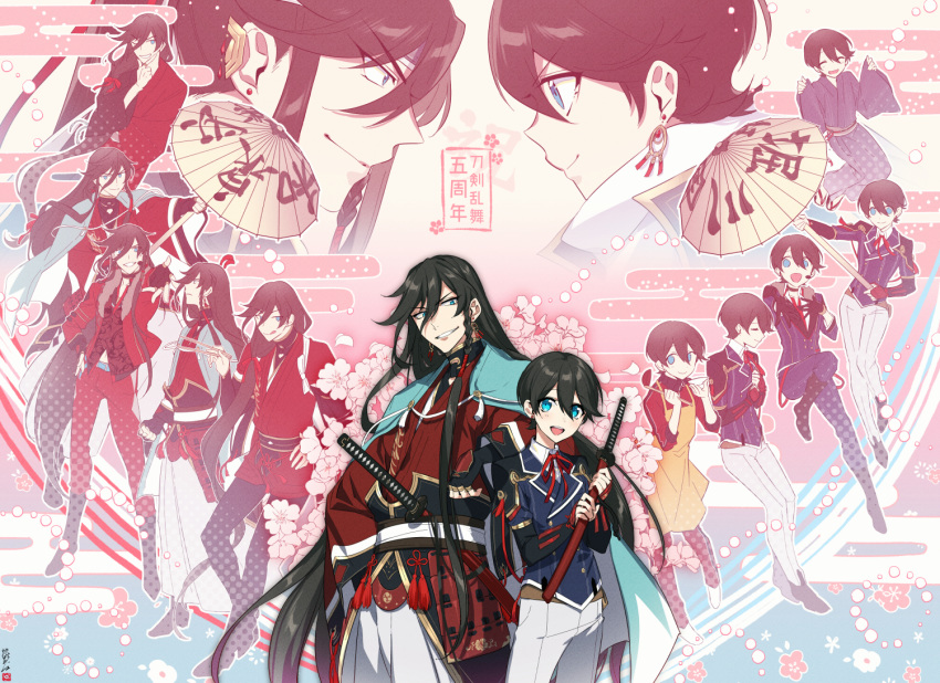 2boys :d :q anniversary apron black_gloves black_hair blue_eyes braid butai_touken_ranbu buttons cape cherry_blossoms chopsticks commentary_request double-breasted earrings egasumi fingerless_gloves gloves hakama hakama_skirt headset hebino_rai horikawa_kunihiro horikawa_kunihiro_(kiwame) izumi-no-kami_kanesada izumi-no-kami_kanesada_(kiwame) japanese_clothes jewelry katana katsugeki/touken_ranbu kimono ladle long_hair male_focus multiple_boys musical_touken_ranbu official_alternate_costume oil-paper_umbrella open_mouth outstretched_hand pants petals ribbon sheath sheathed side_braid skirt smile stud_earrings sword tongue tongue_out touken_ranbu touken_ranbu:_hanamaru track_suit translated umbrella very_long_hair wakizashi weapon white_pants yukata