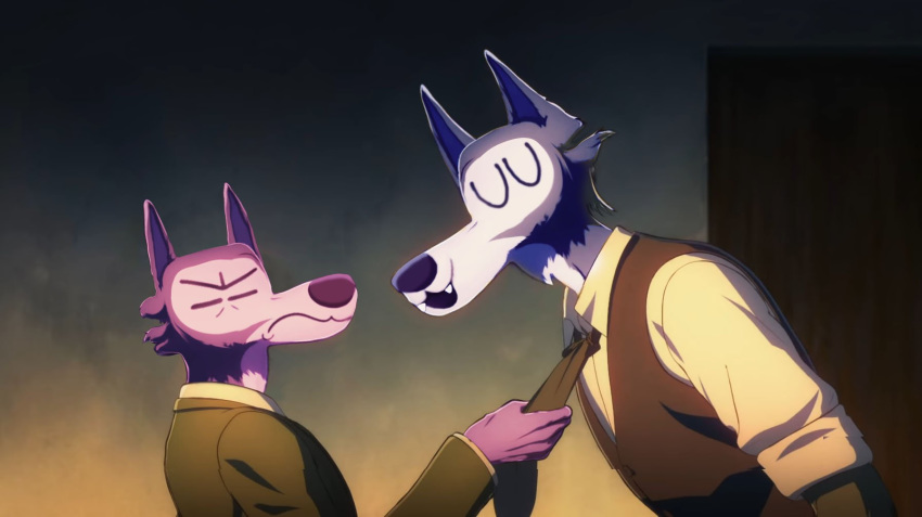 2019 5_fingers ambiguous_gender anthro awoo_(ac_stuart) beastars blue_body blue_fur blue_nose canid canine canis closed_eyes clothing clothing_pull cute_fangs duo eye_bags fingers frown fur glare hi_res jacket joaquin_baldwin kevin_(ac_stuart) male male/male male_(lore) mammal necktie necktie_grab necktie_pull pink_face pink_wolf_(ac_stuart) purple_body purple_fur purple_nose rolled-up_sleeves rolled_up_sleeves school_uniform size_difference smile topwear uniform vest wolf