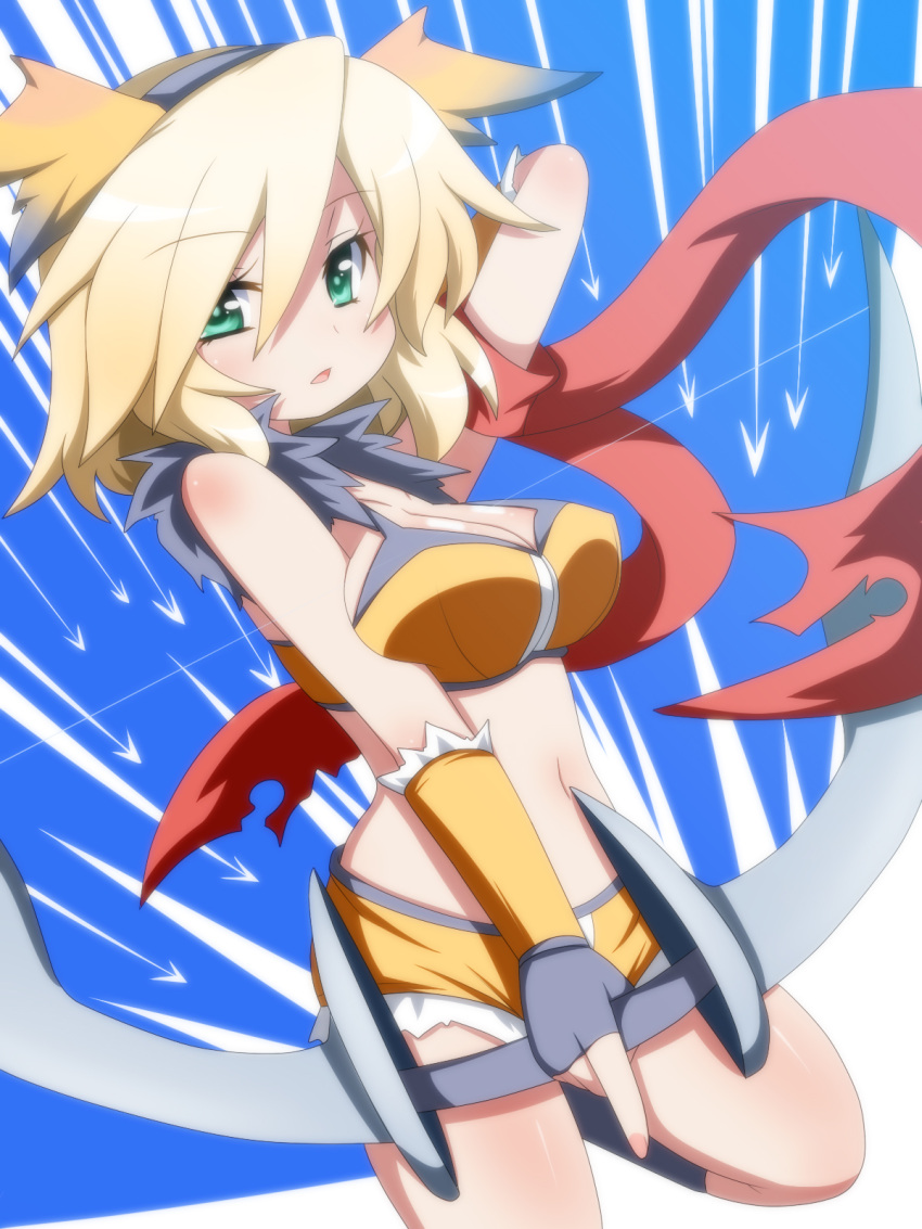 armband blonde_hair blush bow_(weapon) breasts cleavage commentary_request crop_top fake_wings female fingerless_gloves foot_out_of_frame fur-trimmed_gloves fur-trimmed_shirt fur-trimmed_shorts fur_trim gloves green_eyes grey_gloves grey_shirt hair_between_eyes highres holding holding_bow_(weapon) holding_weapon large_breasts looking_at_viewer medium_hair midriff navel oborotsuki_kakeru open_mouth ragnarok_online shirt short_shorts shorts sleeveless sleeveless_shirt sniper_(ragnarok_online) solo two-tone_gloves two-tone_shirt weapon wings yellow_gloves yellow_shirt yellow_shorts