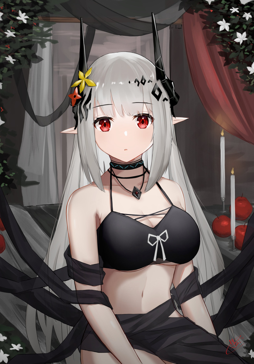 absurdres apple arknights bare_shoulders bikini black_bikini black_ribbon breasts candle cleavage collarbone curtains female flower food fruit grey_hair hair_flower hair_ornament highres horns jewelry keaworks large_breasts long_hair looking_at_viewer mudrock_(arknights) mudrock_(silent_night)_(arknights) navel necklace official_alternate_costume parted_lips pointy_ears red_eyes red_flower ribbon sarong signature sitting solo straight_hair swimsuit very_long_hair yellow_flower