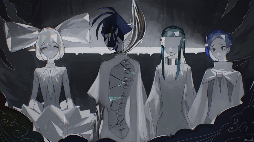 4others absurdres alexandrite_(houseki_no_kuni) angry aqua_hair ascot asymmetrical_sleeves backless_outfit benitoite_(houseki_no_kuni) blindfold blue_eyes blue_hair bob_cut bow closed_mouth cloud commentary covered_eyes cracked_skin crystal_hair diamond_(houseki_no_kuni) dress elbow_gloves expressionless frown gloves golden_arms hairbow hasyage highres houseki_no_kuni long_hair long_sleeves looking_at_viewer moon_uniform_(houseki_no_kuni) multiple_others other_focus phosphophyllite phosphophyllite_(ll) puffy_long_sleeves puffy_sleeves see-through see-through_sleeves short_hair short_sleeves sideways_glance sleeveless sparkle spoilers turtleneck white_ascot white_eyes white_hair wide_sleeves