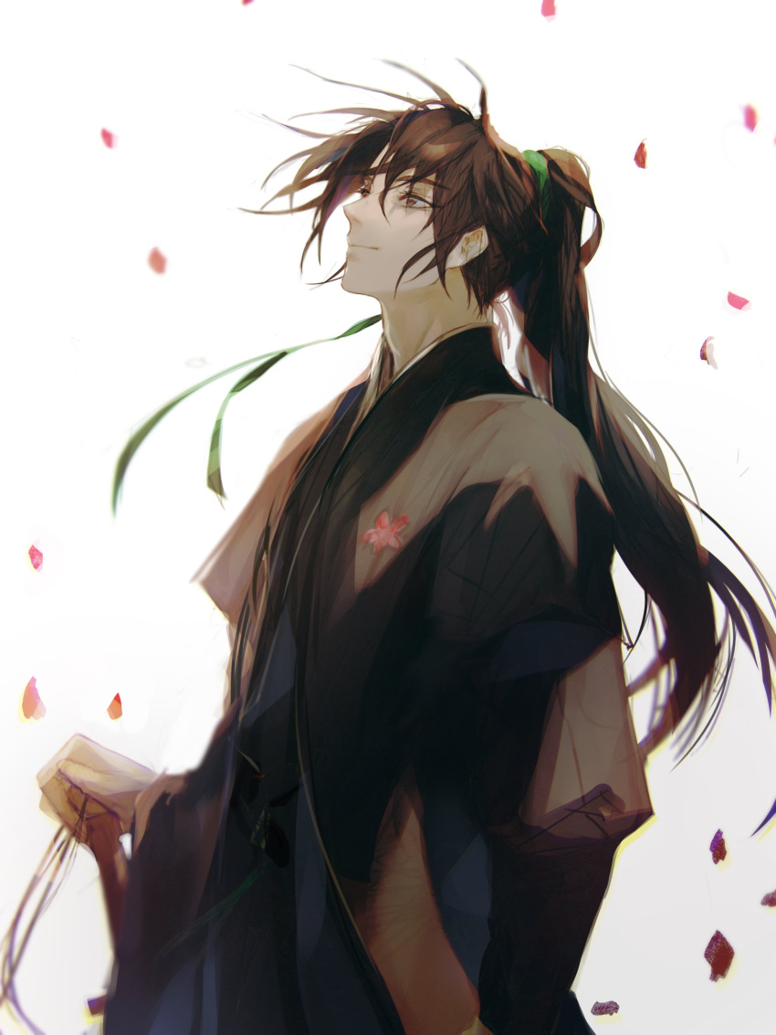 1boy absurdres bad_id bad_twitter_id bishounen brown_eyes brown_hair closed_mouth flower green_ribbons haban_(haban35) hair_ribbon hand_on_hilt highres holding holding_sword holding_weapon korean_commentary long_hair looking_up male_focus original petals pink_flower ponytail ribbon simple_background smile solo sword weapon white_background