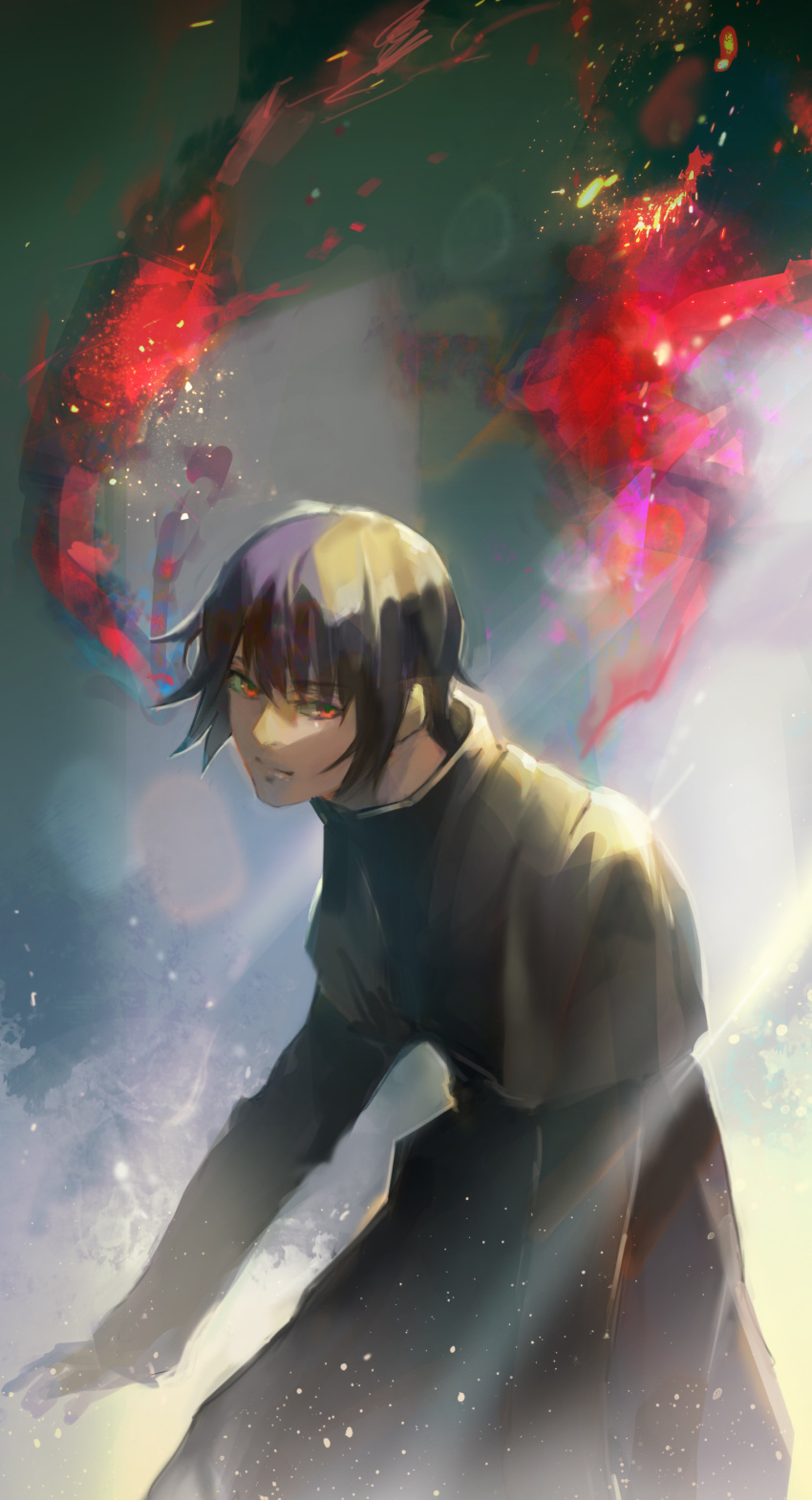 1boy absurdres black_jacket closed_mouth commentary_request cowboy_shot green_background highres jacket kagune_(tokyo_ghoul) kirishima_ayato kyuuba_melo leaning_forward light light_particles long_sleeves male_focus multicolored_background red_eyes short_hair solo tokyo_ghoul white_background