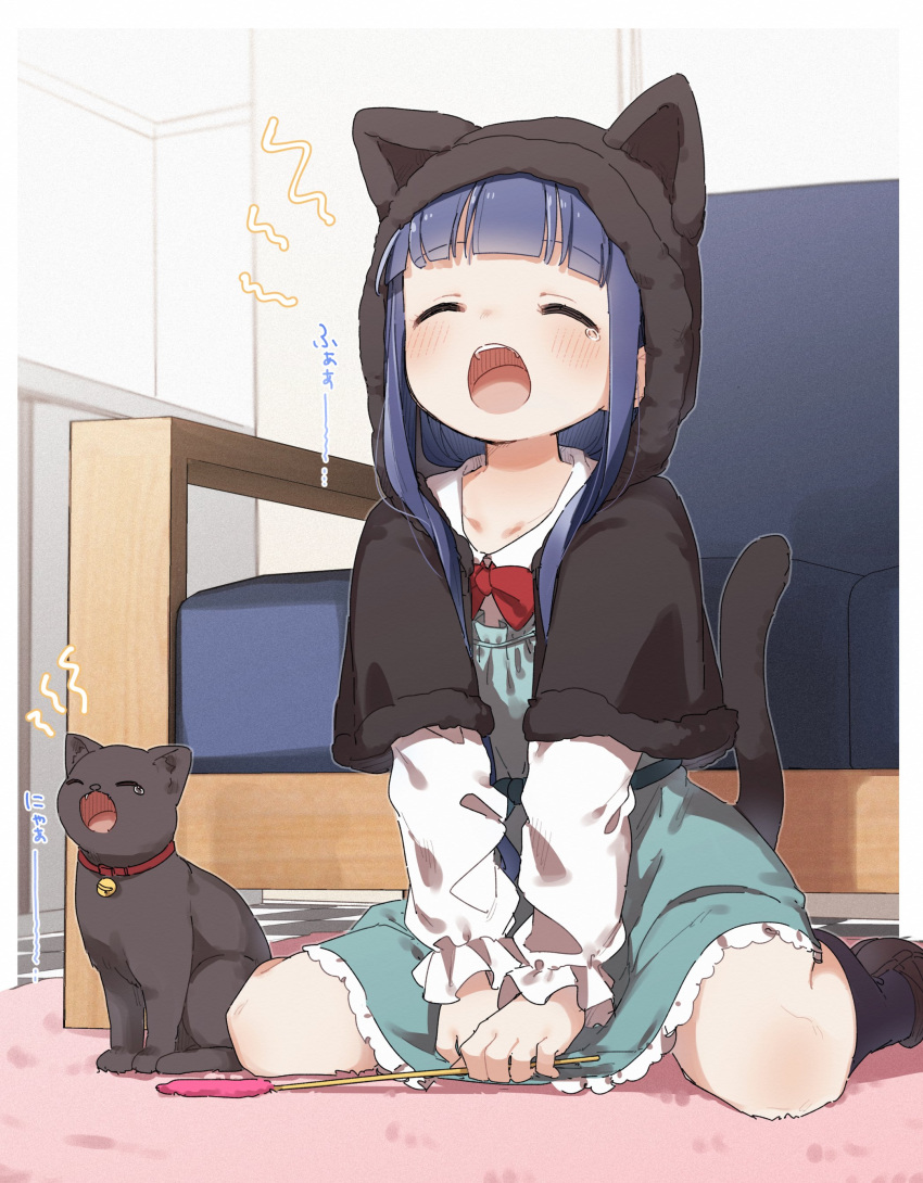 :o absurdres animal animal_ears animal_hood bell between_legs black_capelet black_cat black_socks blue_dress blue_hair blush bow brown_footwear capelet cat_ears cat_hood cat_tail cat_teaser closed_eyes collared_shirt commentary couch dress fake_animal_ears feline female frilled_dress frills fur-trimmed_capelet fur-trimmed_hood fur_trim hand_between_legs highres hood hood_up hooded_capelet idolmaster idolmaster_cinderella_girls indoors jingle_bell kneehighs loafers long_hair on_floor open_mouth pero_(idolmaster_cinderella_girls) plant red_bow sajo_yukimi shirt shoes sidelocks sitting socks solo tail tears translated wariza white_shirt yawning yukie_(kusaka_shi)