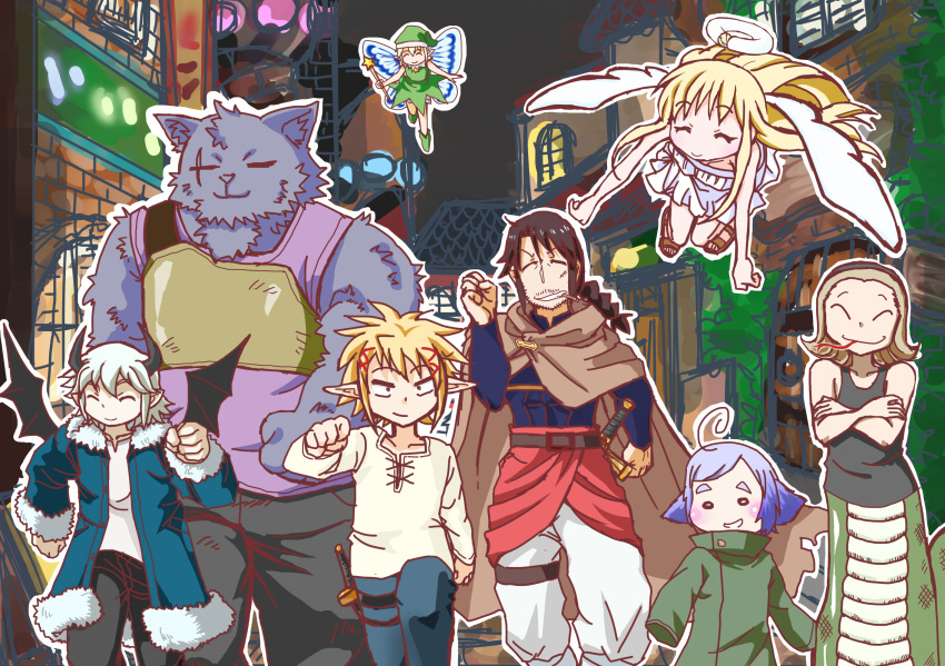 1other 6+boys ahoge angel angel_wings armor bat_wings blonde_hair braid breastplate broken_halo brooz cape cigarette closed_eyes commentary_request crimvael demon_boy demon_horns demon_wings elf facial_hair fairy flying forked_tongue fur_trim furry furry_male halfling halo highres horns ishuzoku_reviewers jacket kanchal liilii long_hair male_focus multiple_boys nalgami outdoors pointy_ears ponytail riku_sene924205523 robe samtahn scar scar_across_eye scar_on_face short_hair smile snake_boy stunk sword tail tongue tongue_out walking weapon wings zel_(ishuzoku_reviewers)