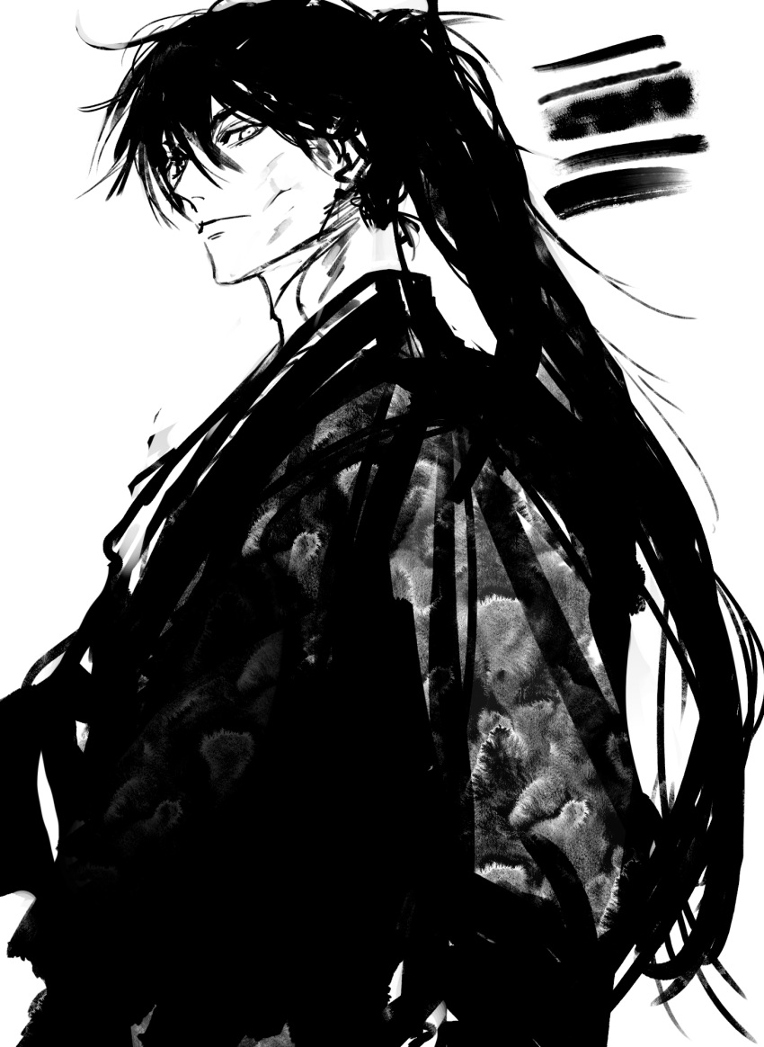 1boy brush_stroke closed_mouth greyscale haban_(haban35) hair_between_eyes highres japanese_clothes kimono korean_commentary long_hair male_focus monochrome original patterned patterned_clothing ponytail simple_background smile solo white_background