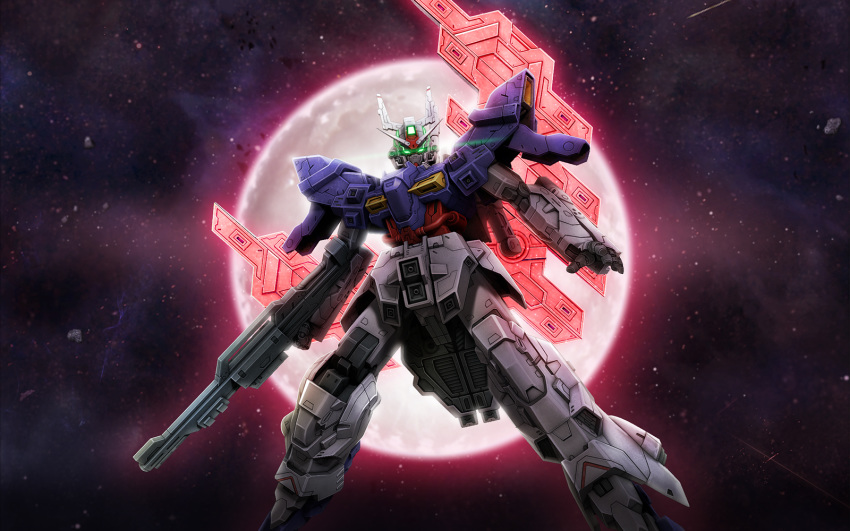 asteroid beam_rifle energy_gun glowing glowing_eyes glowing_lines gun gundam gundam_online highres holding holding_gun holding_weapon looking_at_viewer mobile_suit moon moon_gundam moon_gundam_(mobile_suit) no_humans official_art psycho_plates red_moon science_fiction shooting_star space starry_background v-fin weapon