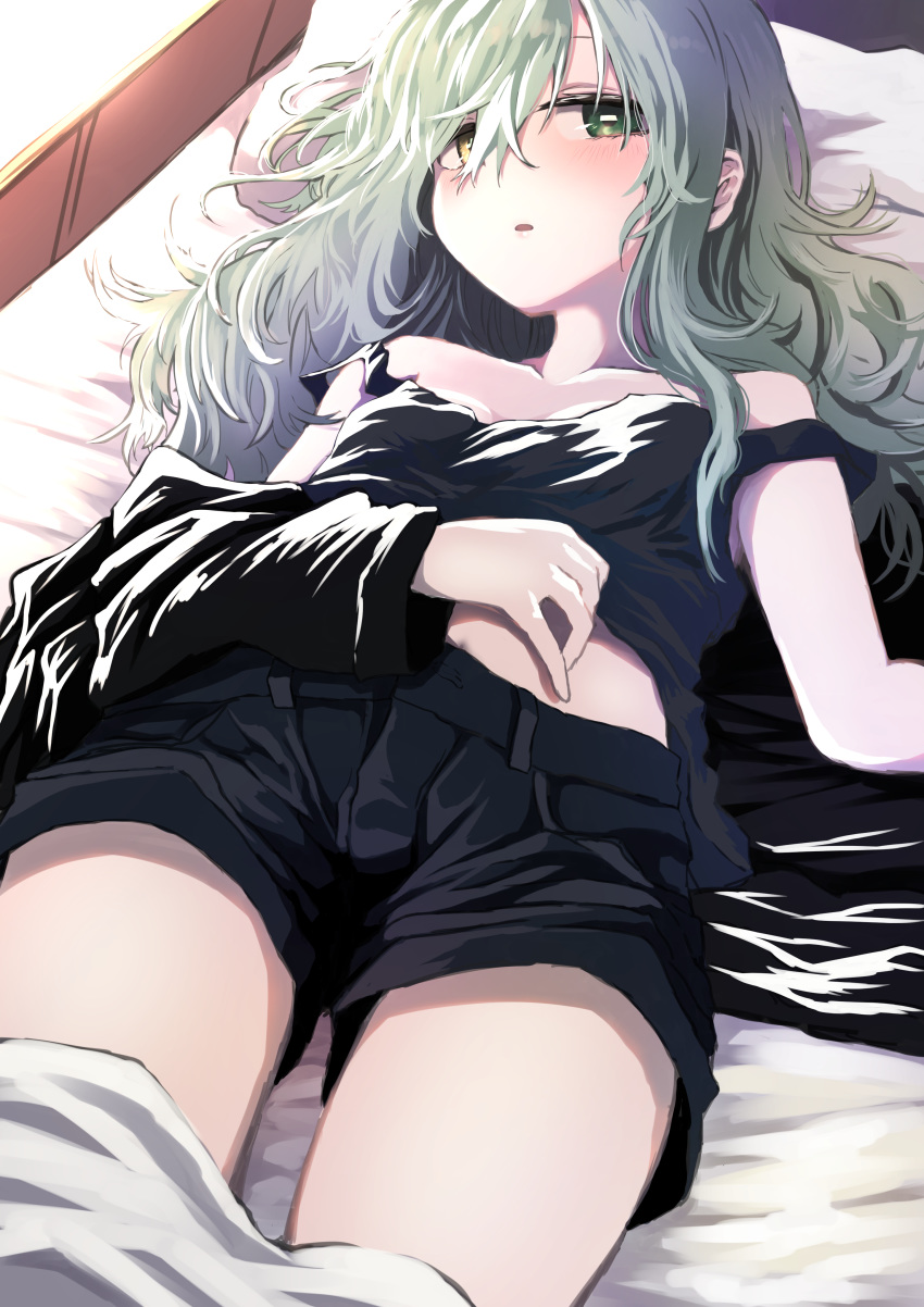 +_- absurdres black_shorts black_tank_top blush breasts commentary_request eyebrows_hidden_by_hair female green_hair hair_between_eyes hand_on_own_stomach heterochromia highres jacket kamatama kuso_zako_choroin_nishiga_hachi long_hair looking_at_viewer lying off_shoulder on_back on_bed parted_lips pillow saiba_mirai shorts small_breasts solo tank_top under_covers