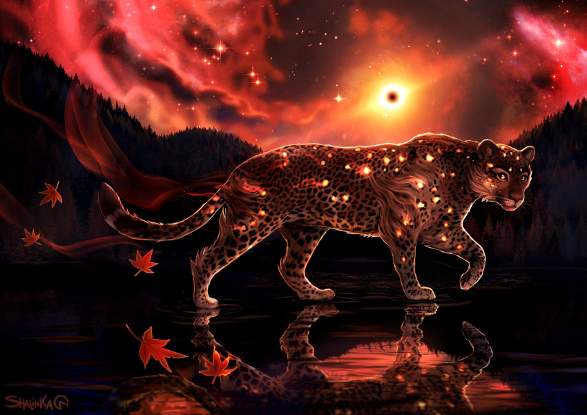 2020 ambiguous_gender cheetah day detailed_background digital_media_(artwork) eclipse eyebrows eyelashes felid feline feral fur hi_res mammal markings outside paws reflection shalinka sky solo spots spotted_body spotted_fur standing water whiskers