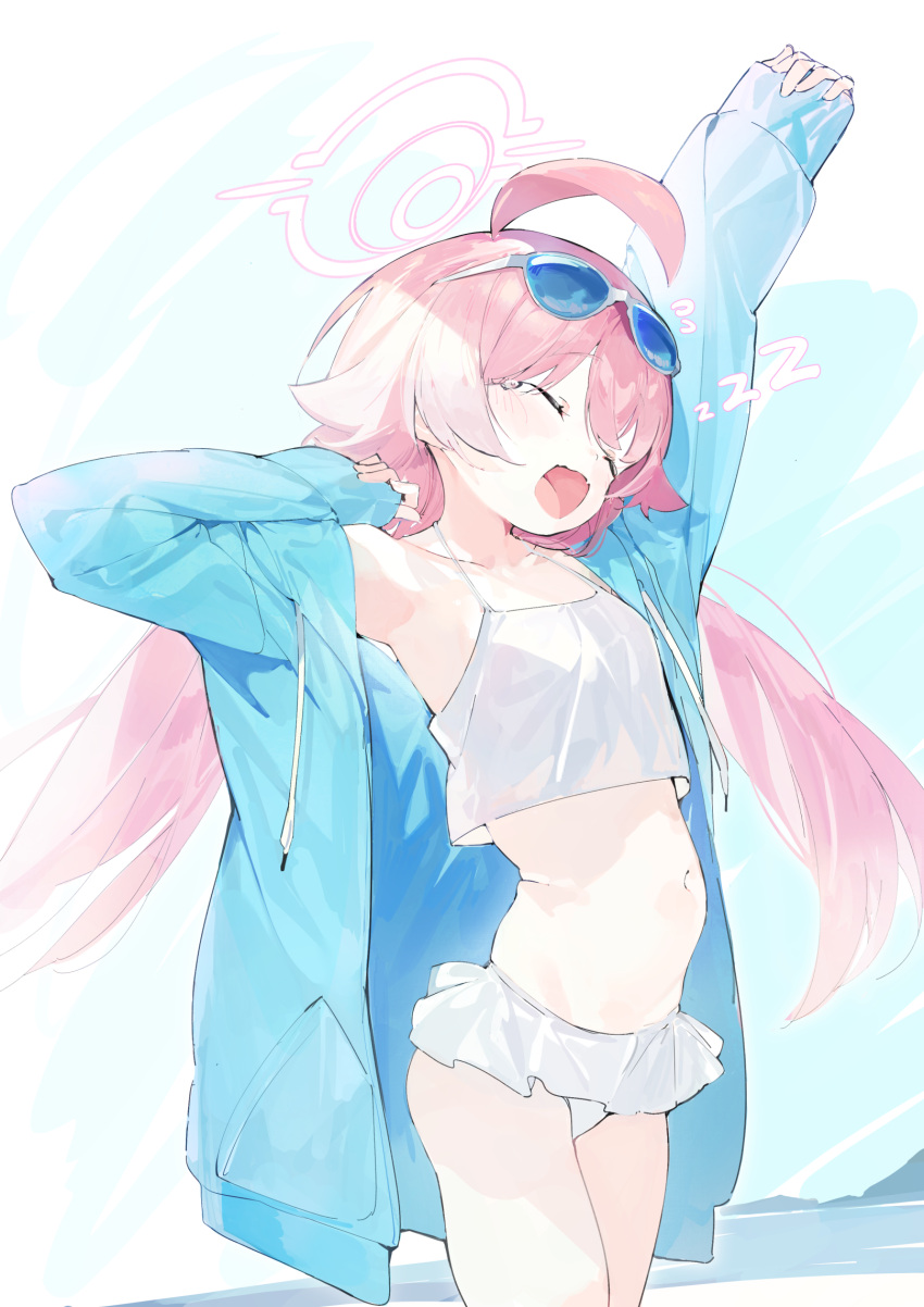 ahoge aida_(chinhung0612) arm_up armpits belly bikini blue_archive blue_jacket blue_sky closed_eyes day eyewear_on_head female halo highres hoshino_(blue_archive) hoshino_(swimsuit)_(blue_archive) jacket long_sleeves navel ocean open_clothes open_jacket open_mouth pink_hair sky solo sunglasses swimsuit waking_up white_bikini yawning