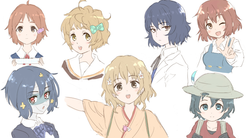 6+girls black_gloves black_hair black_jacket blazer blue_dress blue_eyes brown_eyes brown_hair brown_kimono brown_shirt collared_shirt commentary_request cropped_torso crossover dress flower gloves grey_headwear hair_flower hair_ornament hanasaku_iroha helmet hibike!_euphonium inokuma_youko jacket japanese_clothes kaban_(kemono_friends) kawashima_sapphire kemono_friends kimono kin-iro_mosaic lab_coat looking_at_viewer makino_kanna matsumae_ohana mizuno_ai moegi_high_school_uniform multiple_crossover multiple_girls nakai_(waitress) nunotaba_shinobu open_clothes open_jacket open_shirt red_eyes red_shirt school_uniform serafuku shirt short_hair short_sleeves simple_background sleeveless sleeveless_dress tamako_market tasuki toaru_kagaku_no_railgun toaru_kagaku_no_railgun_s toaru_majutsu_no_index umiroku upper_body white_background white_flower white_shirt wide_sleeves zombie_land_saga