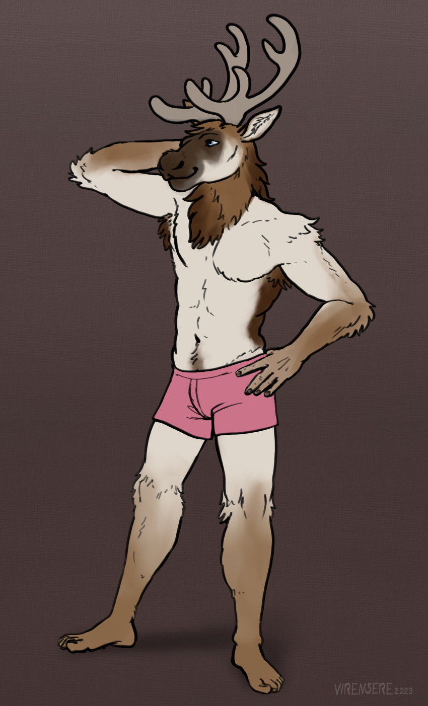 absurd_res anthro antlers apawcalyptic armpit_hair armpit_tuft body_hair clothing deer digital_media_(artwork) fur hi_res horn male mammal new_world_deer reindeer rory_(apawcalyptic) simple_background smile solo underwear virensere