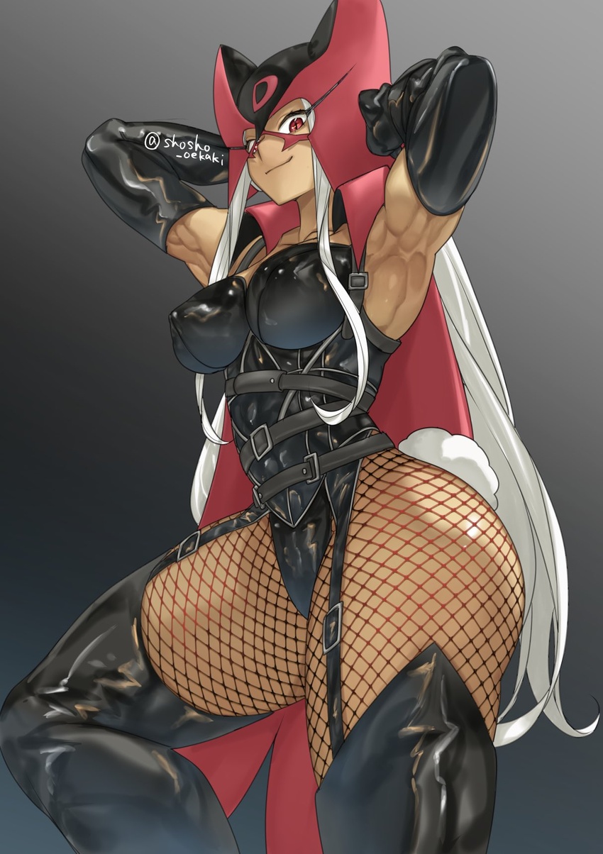 abs armpits arms_up ass belt biceps black_background black_belt black_gloves black_leotard black_pantyhose boku_no_hero_academia breasts buckle cape closed_mouth collarbone commentary_request cosplay covered_nipples dark-skinned_female dark_skin doronjo doronjo_(cosplay) elbow_gloves eyelashes female fishnet_pantyhose fishnets flexing from_below from_side garter_straps gloves gradient_background grey_background half_mask harness high_collar highleg highleg_leotard highres huge_ass impossible_clothes impossible_leotard large_breasts latex legs_apart leotard light_smile long_eyelashes long_hair looking_at_viewer looking_down mask mirko muscular muscular_female narrow_waist pantyhose pose rabbit_tail red_cape red_eyes shosho_oekaki sidelocks skin_tight slit_pupils smile smirk solo standing tail thick_thighs thighs twitter_username very_long_hair white_hair yatterman