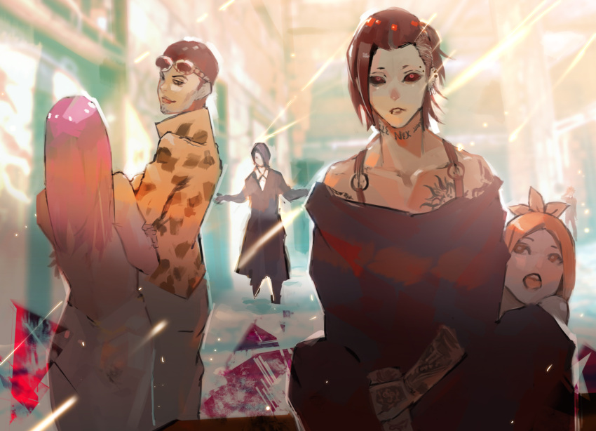 2girls 3boys animal_print arm_tattoo bare_arms bare_shoulders black_hair black_jacket black_sclera black_shirt chest_tattoo collarbone colored_sclera dress ear_piercing earrings eyewear_on_head facial_hair formal furuta_nimura goatee grey_dress highres hoito_roma itori_(tokyo_ghoul) jacket jewelry kyuuba_melo looking_at_viewer mouth_piercing multiple_boys multiple_girls neck_tattoo nico_(tokyo_ghoul) off-shoulder_shirt off_shoulder open_mouth orange_shirt pants parted_bangs piercing red_eyes shirt short_hair shoulder_tattoo smile tattoo teeth tiger_print tokyo_ghoul tokyo_ghoul:re upper_teeth_only uta_(tokyo_ghoul)