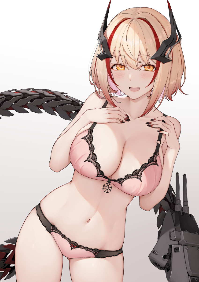 absurdres azur_lane black_nails blonde_hair blush bra breasts cleavage collarbone commentary cross english_commentary female gradient_background hair_between_eyes hands_on_own_chest headgear highres iron_cross large_breasts looking_at_viewer machinery mechanical_tail multicolored_hair multicolored_nails nail_art nail_polish navel open_mouth panties pink_bra pink_panties red_hair red_nails rigging roon_(azur_lane) short_hair smile solo streaked_hair tail terras turret underwear underwear_only yellow_eyes